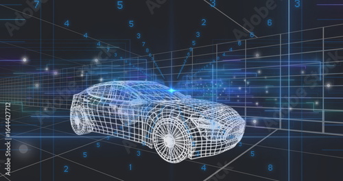 Displaying wireframe model coupe car sitting in 3D grid, with floating digits and glowing points