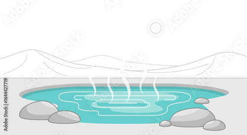 Minimalist illustration of a serene hot spring with mountains in the background evoking relaxation and tranquility