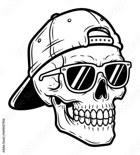 Skull with Baseball Cap and Sunglasses Line Art Illustration