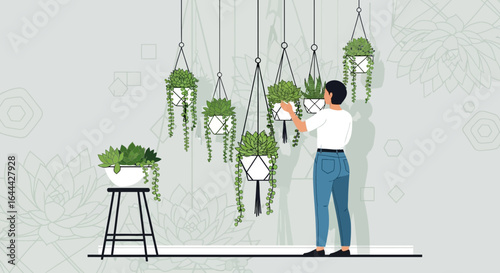 Minimalist Interior Scene with Hanging Plants and a Figure Tending to Them indoor gardening