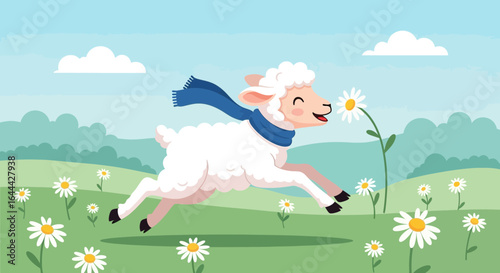 Joyful lamb running through a daisy field with a scarf on a sunny day spring illustration