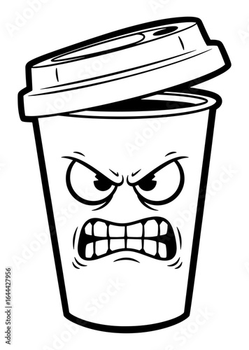 Cartoon Illustration of an Angry Coffee Cup with Open Lid