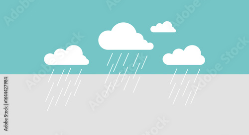 Minimalist rainy weather illustration with clouds and raindrops on turquoise background