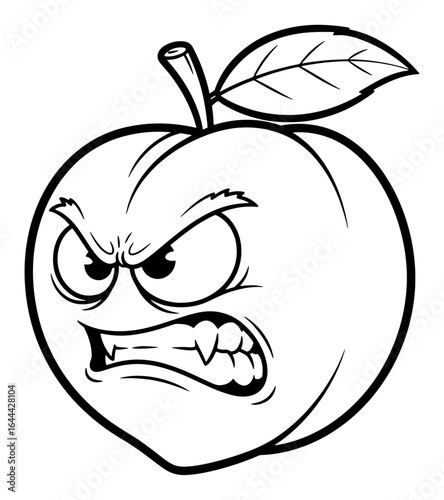 Angry Peach Cartoon Character in Black and White Outline