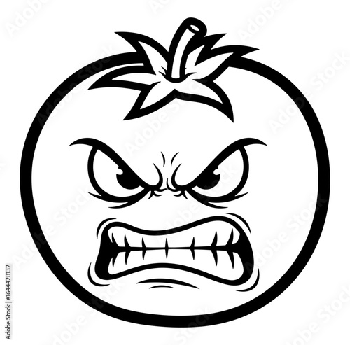 Angry Tomato Cartoon Character in Black and White Outline