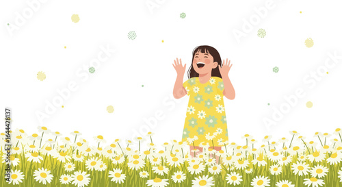 Joyful young girl enjoying spring in a field of daisies expressing happiness