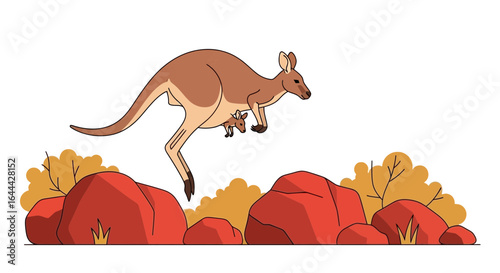 Kangaroo and Joey Hopping Across the Australian Outback Landscape Illustration