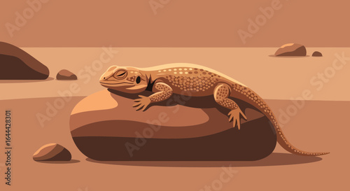 Minimalistic vector illustration of a lizard resting peacefully on a smooth rock