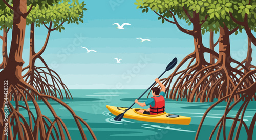 Kayaking adventure through a mangrove forest with clear turquoise water and birds flying above providing a tranquil scene