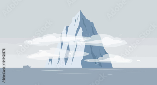 Minimalistic vector illustration of a massive iceberg floating in the ocean waters near a ship