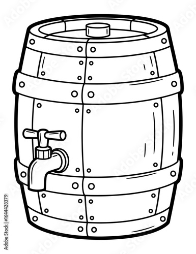 Detailed Black and White Cartoon of a Wooden Barrel with a Spigot