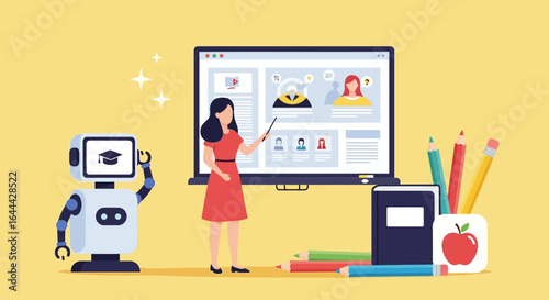 Modern educational concept illustration featuring a teacher, a robot and a smart board for online class learning