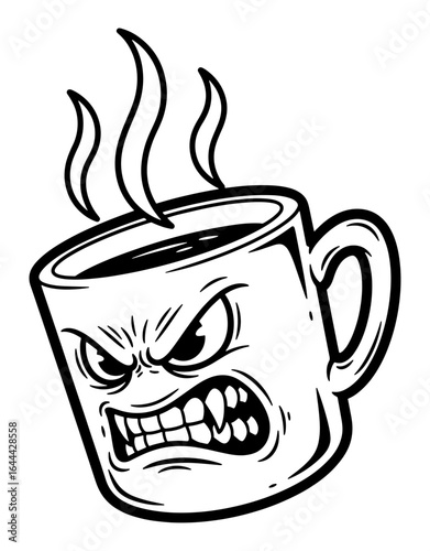 Angry Coffee Mug Cartoon Illustration in Black and White