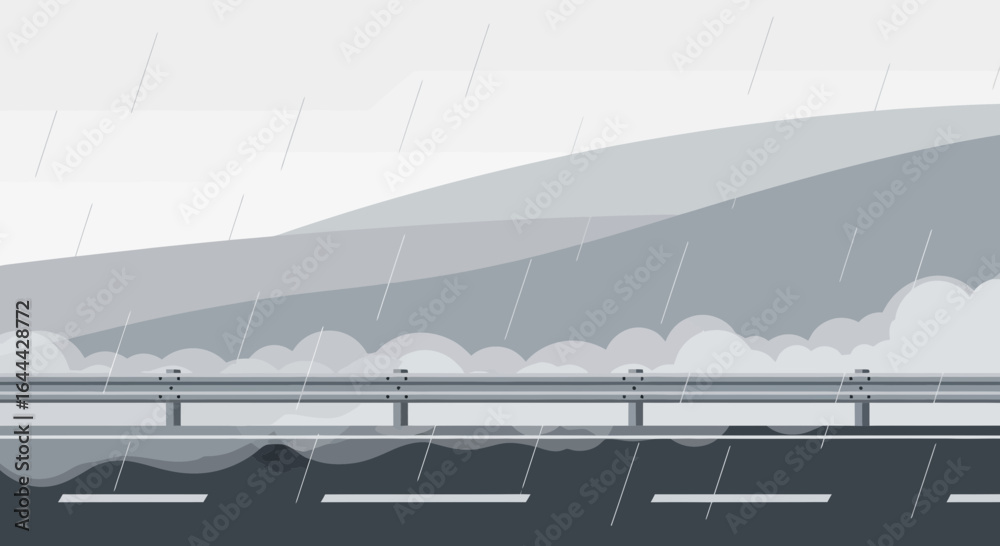 Fototapeta premium Monochromatic illustration of a highway scene during heavy rainfall and gray sky background, embodying somber scenery, minimal design
