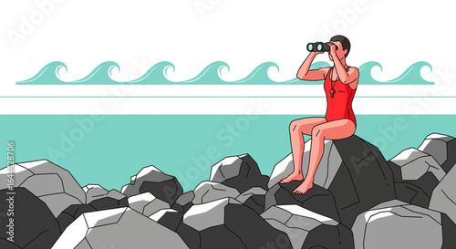 Lifeguard Scanning Horizon From Rocky Shore Illustration For Water Safety
