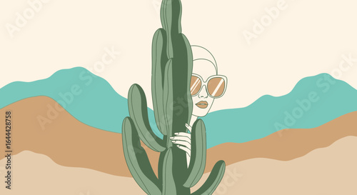 Line art illustration of a woman with sunglasses hiding behind a cactus in the desert with stylized mountains adding a touch of modern elegance