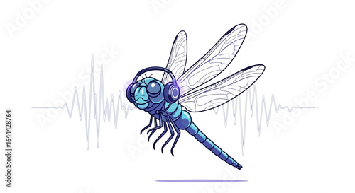 Listening Dragonfly Character With Headphones And Sound Waves Graphic Background
