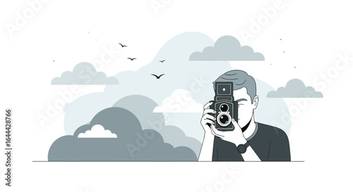 Monochromatic illustration of a photographer with a vintage camera on a cloudy day