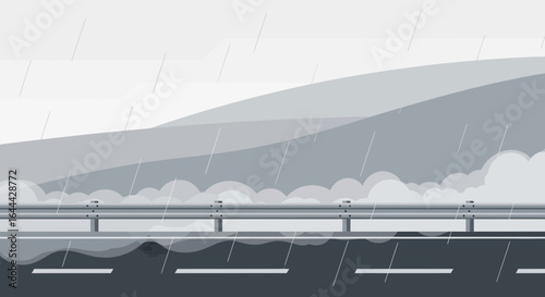Monochromatic illustration of a highway scene during heavy rainfall and gray sky background, embodying somber scenery, minimal design