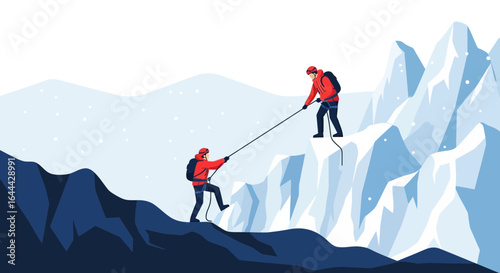 Mountain Climbing Adventure: Teamwork and Determination in a Snowy Landscape