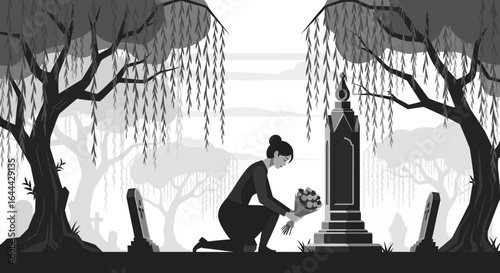 Mourning Woman Placing Flowers at a Gravestone in a Cemetery Illustration
