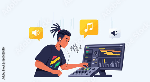 Music producer creating digital music using computer software in home studio