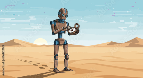Lost in Time: A Robot's Journey Through a Desert Landscape with Vintage Compass