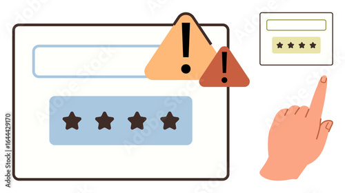 Password entry screen with caution signs and user hand interaction. Ideal for online safety, login security, authentication, data privacy, user interface, error message, simple flat metaphor
