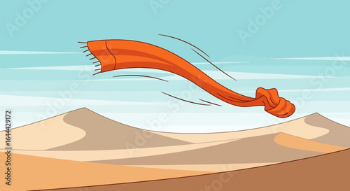 Lost orange scarf in desert illustration depicting loneliness and desolation in landscape drawing suitable for creative project