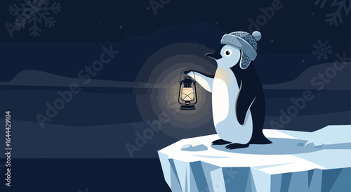 Lost Penguin Standing on Iceberg at Night Holding a Lantern in Snowy Weather