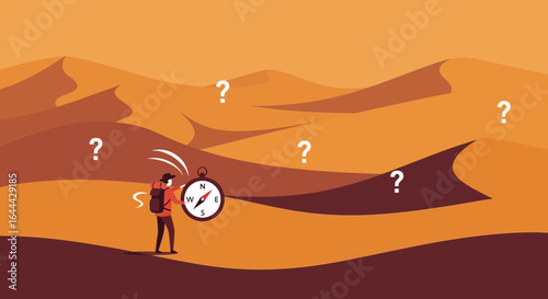 Lost traveler in a vast desert with a compass and multiple question marks looming overhead symbolizing uncertainty and challenges of finding the right path