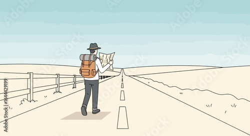 Lost traveler searching route direction on map during long journey illustration