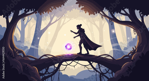 Mystical Enchantress Conjuring Magic in a Mysterious Forest Illustration Scene