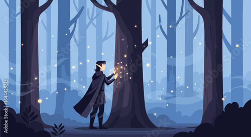 Mystical Encounter in the Enchanted Forest Illustration with Magical Elf and Glowing Lights