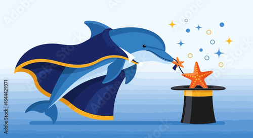 Magical Dolphin Performing a Starfish Trick with a Hat and a Wand in the Sea