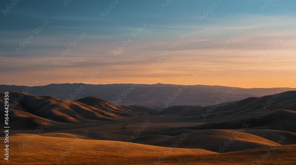 Fototapeta premium A serene landscape featuring rolling hills bathed in warm sunlight, showcasing a gradient sky transitioning from blue to soft orange hues during sunset.