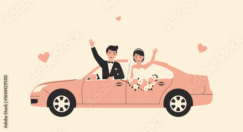 Newlyweds driving in their car after getting married with hearts floating around them