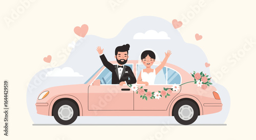 Newlyweds drive away in a decorated car after their wedding ceremony happy moment