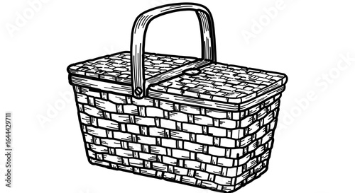 Object vintage picnic basket illustration for outdoor dining and storage with handle and woven design element vector