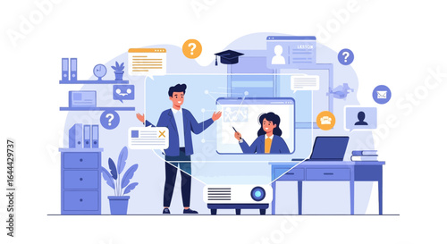 Online education and e-learning concept vector illustration with presenter and teacher on video call for student access