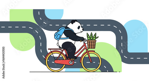 Panda rides a bicycle down a winding road delivering a plant in its basket a whimsical and eco friendly illustration using clean lines