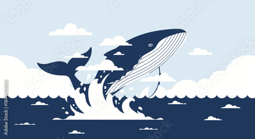 Majestic whale breaching the ocean surface in a stylized vector illustration