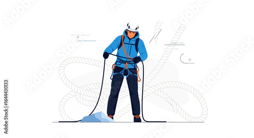 Male Alpinist Prepares Gear for Safe Descent in Mountain Climbing Adventure