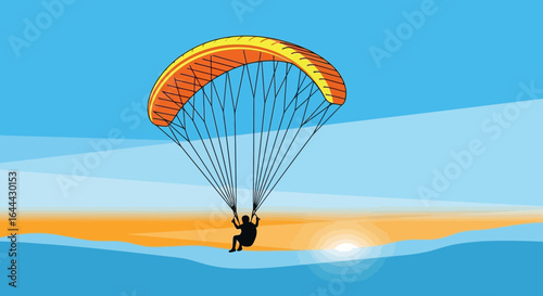 Paragliding Adventure Over A Tranquil Landscape At Sunset With Clear Skies