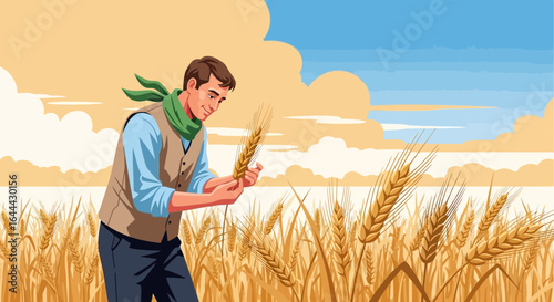 Man Analyzing A Wheat Stalk Under A Sunny Sky On A Countryside Field