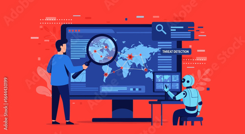 Man and AI collaborating on global threat detection network analysis system