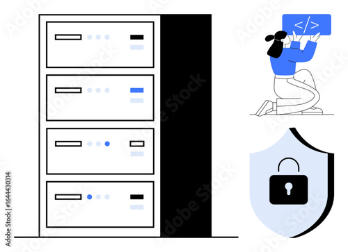Server rack with data storage panels, developer coding on a display, and security shield. Ideal for technology, data security, coding, software development, hosting, IT services simple landing page