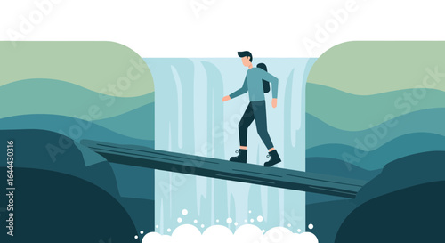 Man crossing waterfall on a log bridge illustration depicting adventure and nature exploration scenic route