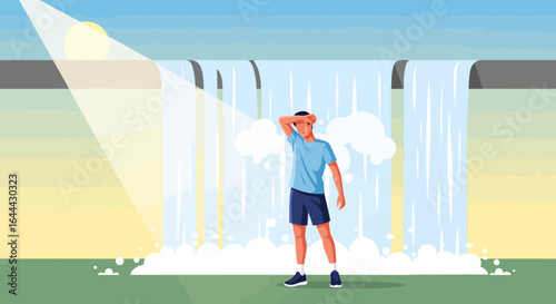 Man cools off by an artificial waterfall after a hot day running exercising outdoors