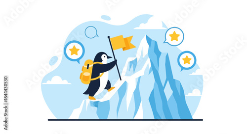 Penguin conquering a mountain peak with a flag, symbolizing success achievement and determination in illustration style